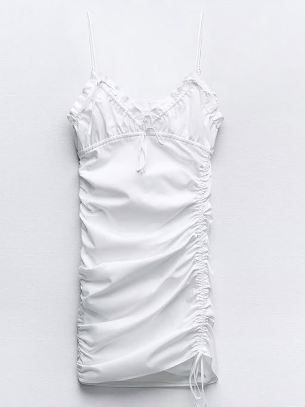 NWT Zara White Ruched Slip Dress with Adjustable Spaghetti Straps